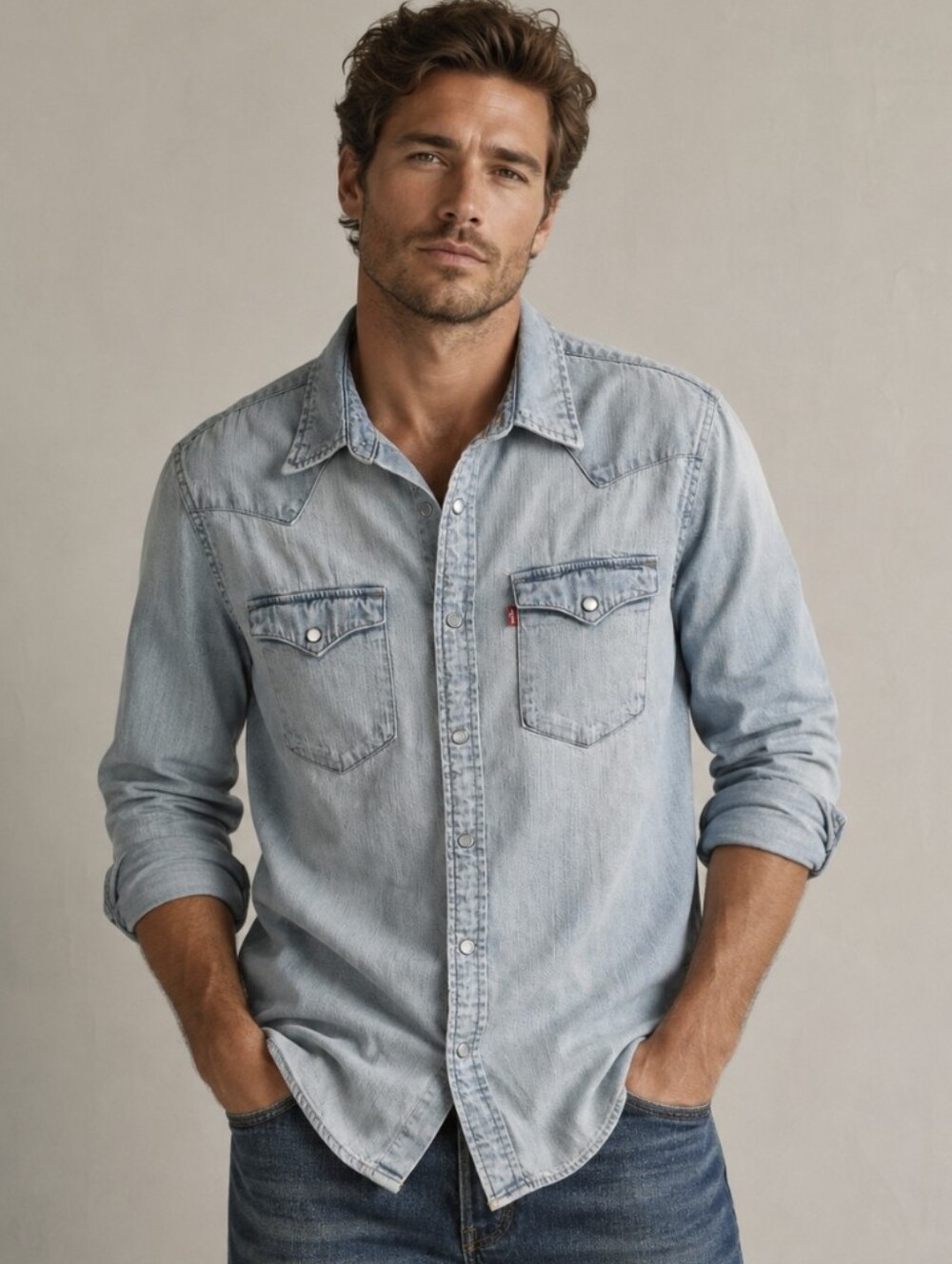 Levi’s Barstow Western Denim Pearl Snap Shirt Standard Fit Light Wash Men's Sz S